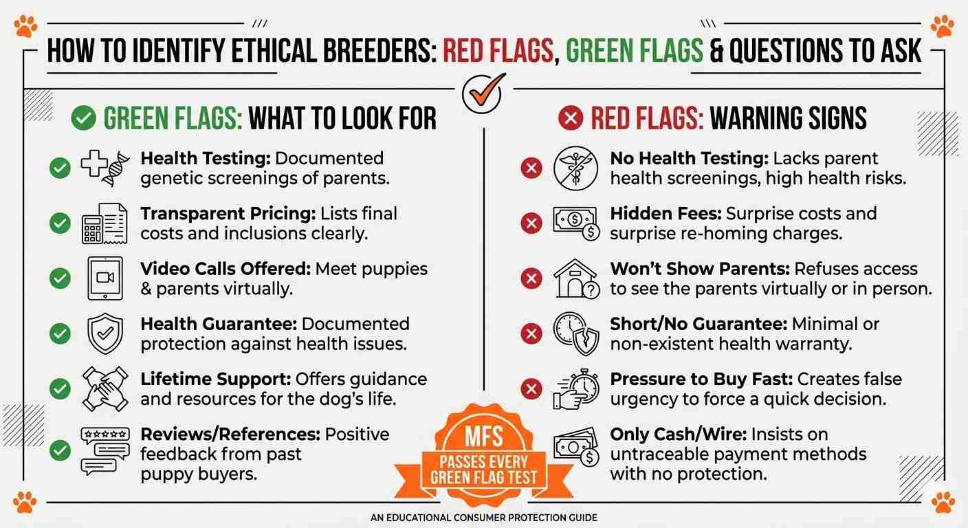 How to Identify Ethical Breeders: Red Flags, Green Flags & Questions to Ask (Consumer Guide) Educational infographic comparing ethical vs. unethical dog breeders. Lists Green Flags like Health Testing and Video Calls Offered, and Red Flags including Hidden Fees and No Health Testing.