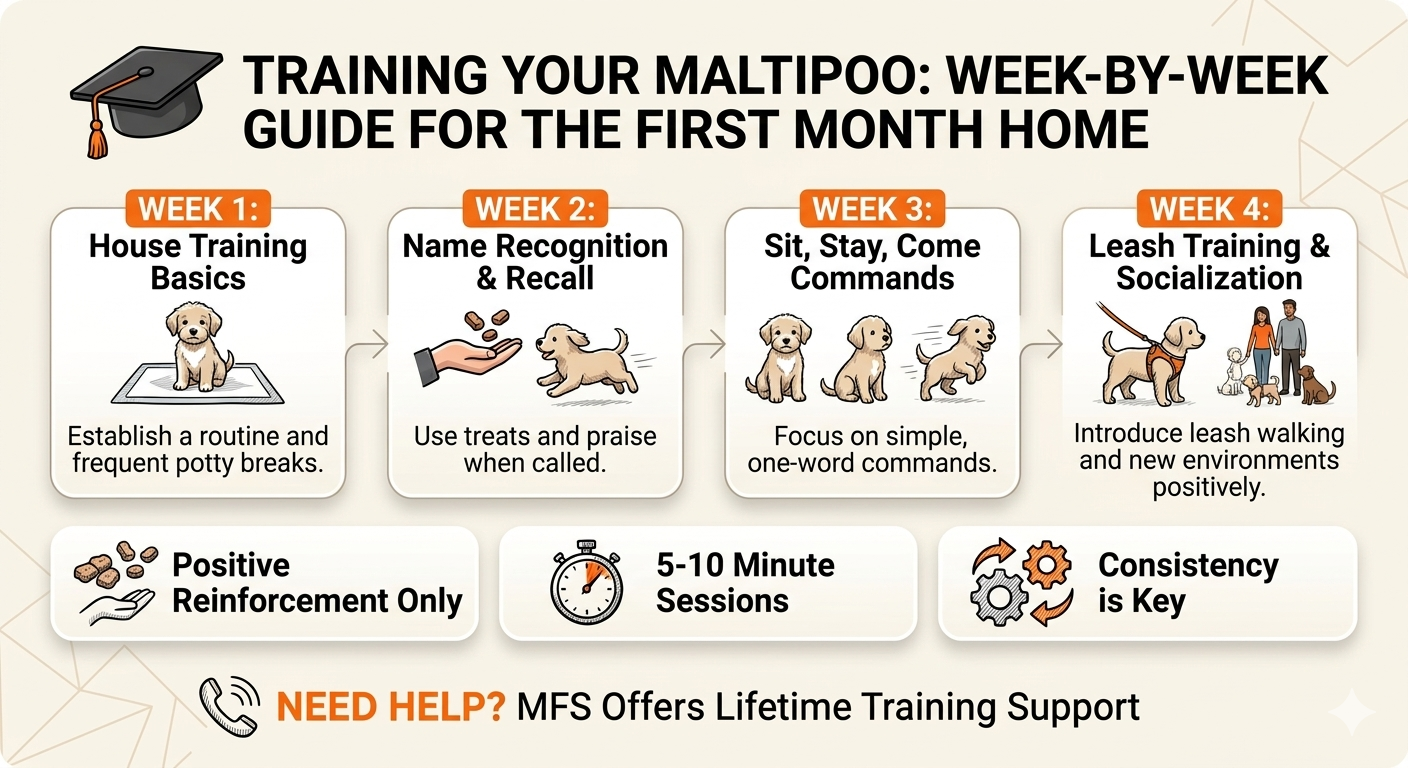 How to Train a Maltipoo Puppy: The Ultimate First-Month Milestone Guide Comprehensive infographic on how to train a Maltipoo puppy in 4 weeks. Covers house training, name recall, basic commands, and leash training with MFS expert tips for positive reinforcement.