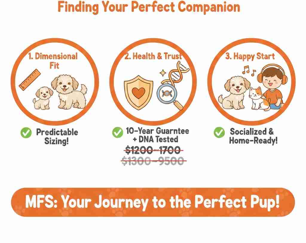 Choosing Your Perfect Maltipoo: The MFS Expert Decision Framework Expert infographic outlining key decisions when buying Maltipoo puppies: selecting the right dimensional size, verifying genetic health via DNA testing, and ensuring proper early socialization.