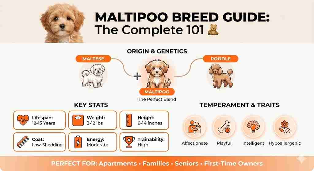 Maltipoo 101: The Complete Guide to Size, Health, and Temperament Comprehensive Maltipoo breed guide infographic detailing the Maltese and Poodle cross, 12-15 year lifespan, weight ranges, hypoallergenic coat traits, and high trainability for new pet owners.