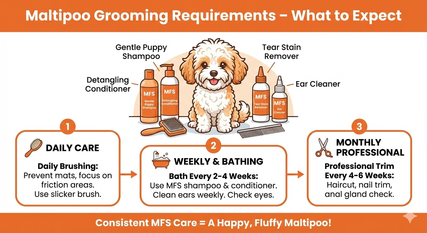 Maltipoo Grooming 101: The MFS Guide to a Healthy, Fluffy Coat Playful infographic for Maltipoo grooming requirements featuring a cartoon dog, MFS branded shampoo bottles, daily brushing tips, bathing schedules, and professional hair trimming requirements.