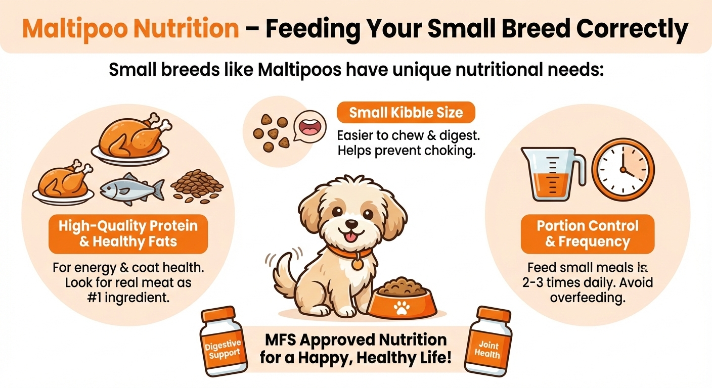 Maltipoo Nutrition: Expert Feeding Guide for Small Breed Health Educational infographic for Maltipoo nutrition featuring high-quality protein sources, small kibble size benefits, portion control tips, and MFS-approved digestive and joint health supplements.