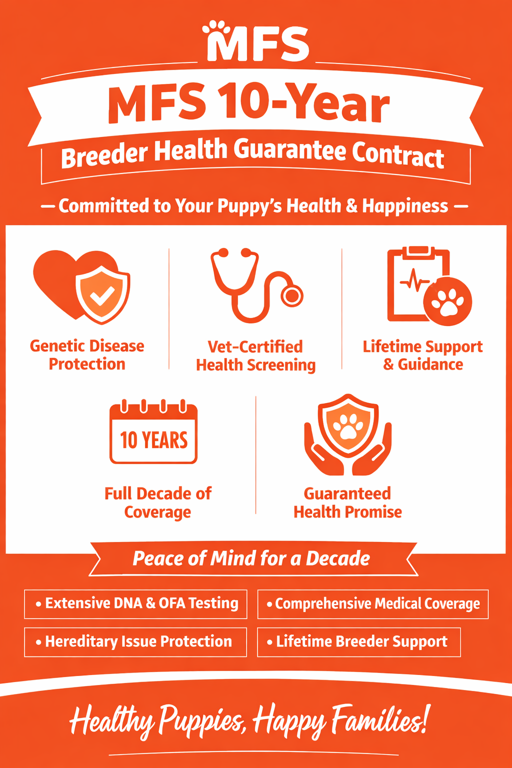 The MFS 10-Year Breeder Health Guarantee: A Decade of Protection Infographic for the MFS 10-Year Breeder Health Guarantee Contract featuring 250+ Embark DNA tests, lifetime vet-verified wellness checks, and genetic health promises for hypoallergenic Maltipoos.