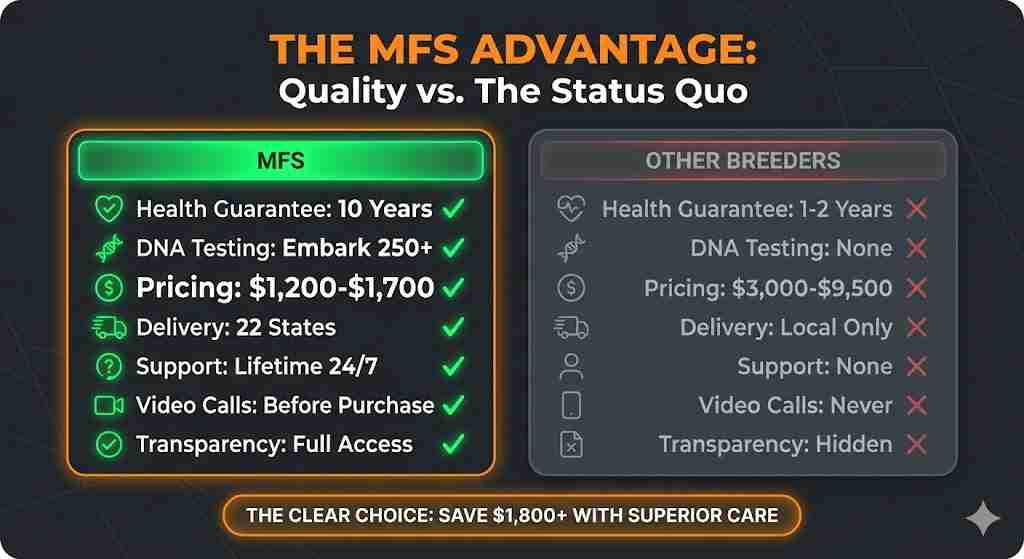 MFS vs Other Breeders: The Definitive Quality & Value Comparison Comparison table showing MFS 10-year health guarantee and Embark 250+ DNA testing versus standard breeders with limited support, highlighting superior pricing, 24/7 lifetime care, and video calls.