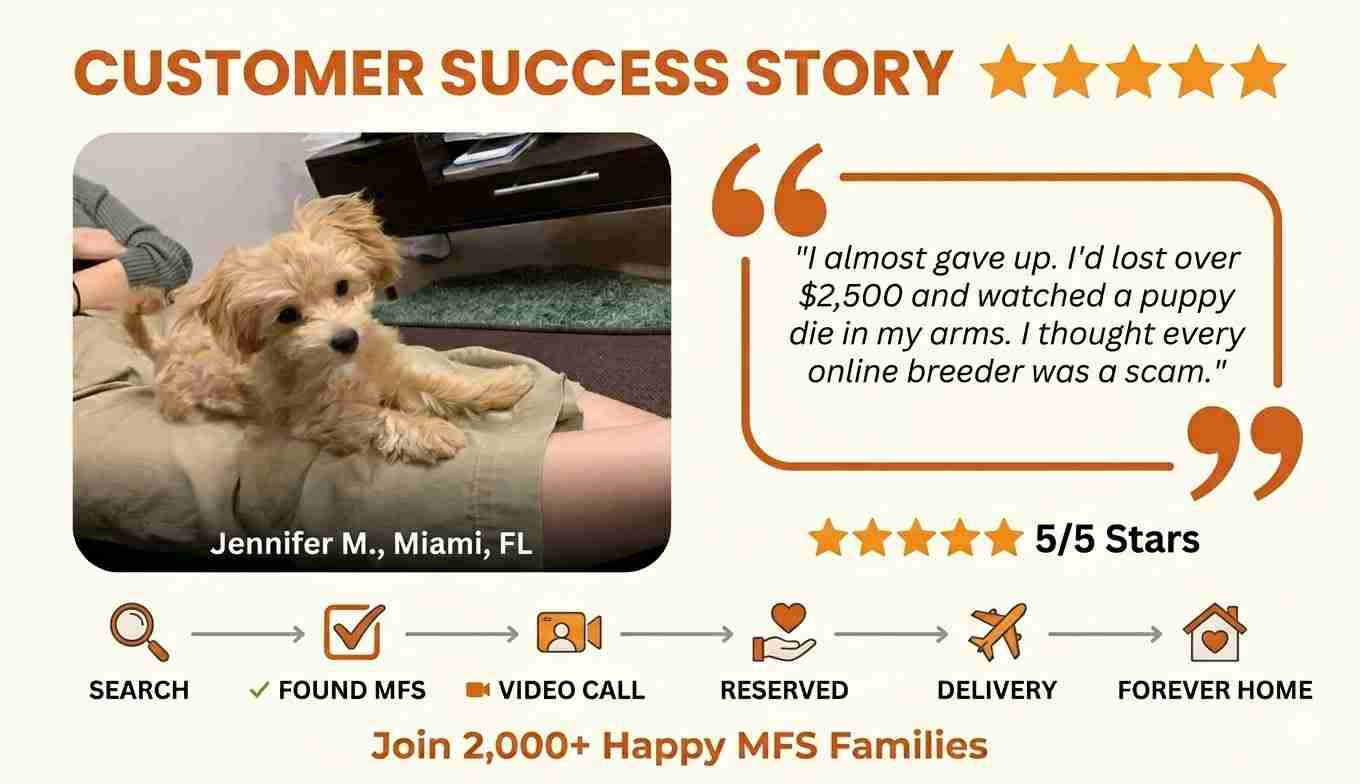 Real Maltipoo Breeder Reviews: Jenniferâs Success Story Real Maltipoo breeder reviews infographic featuring Jennifer M. from Miami, FL, sharing her 5-star success story and journey from searching to bringing her healthy MFS puppy to its forever home.