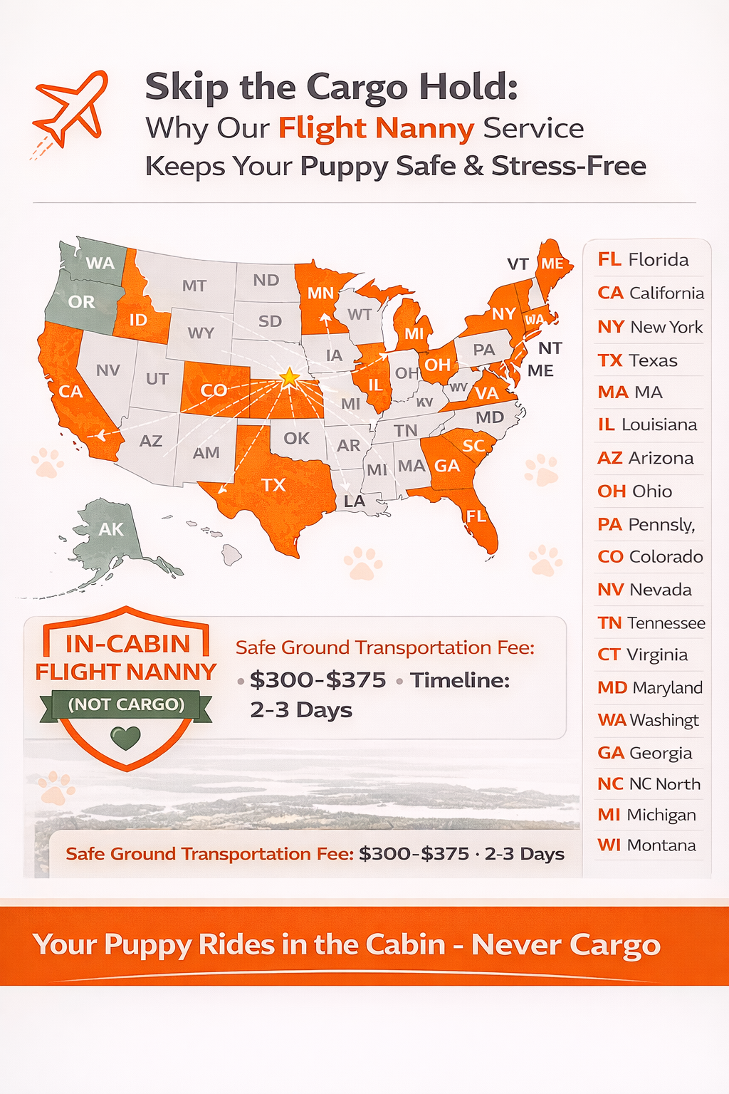 Skip the Cargo Hold: Why Our Flight Nanny Service Keeps Your Puppy Safe & Stress-Free Infographic titled âSkip the Cargo Hold: Why Our Flight Nanny Service Keeps Your Puppy Safe & Stress-Freeâ featuring a U.S. delivery map with highlighted states, Nebraska origin star, airplane route icons, in-cabin flight nanny badge, safe ground transportation fee details, and 2-3 day timeline emphasizing cabin travel never cargo.